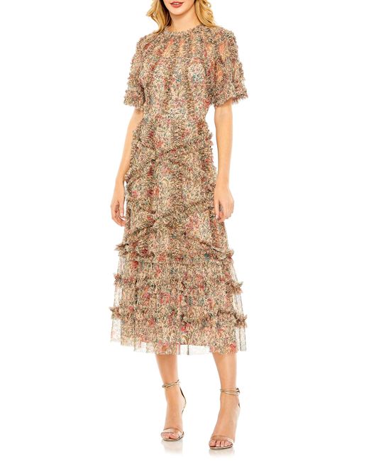 Mac Duggal Natural Floral Flutter Sleeve Ruffle Mesh A-line Dress