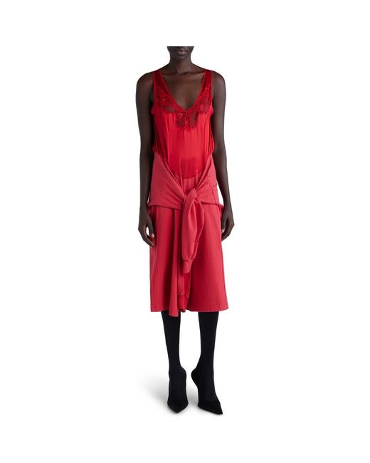 Balenciaga Red Hybrid Mixed Media Tie Waist Silk & Cotton Dress