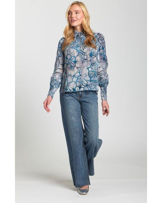 Apny Blue Puff Shoulder Button Front Top