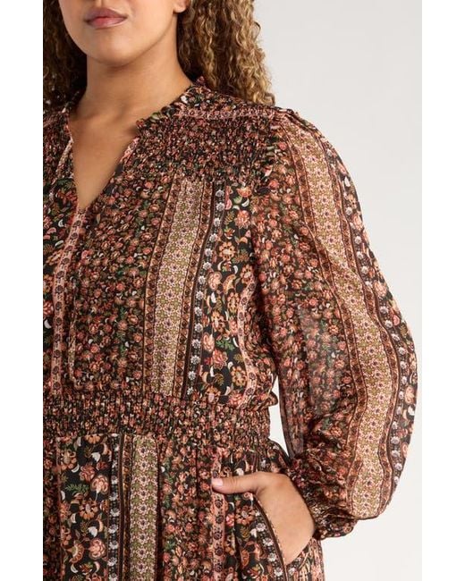 Gibsonlook Brown The Leyla Print Smocked Long Sleeve Maxi Dress
