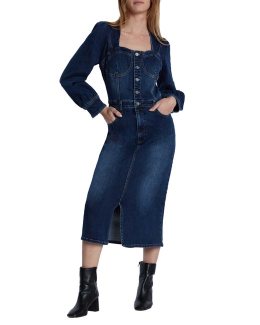 Wash Lab Denim Puff Shoulder Long Sleee Corset Denim Midi Dress in Blue