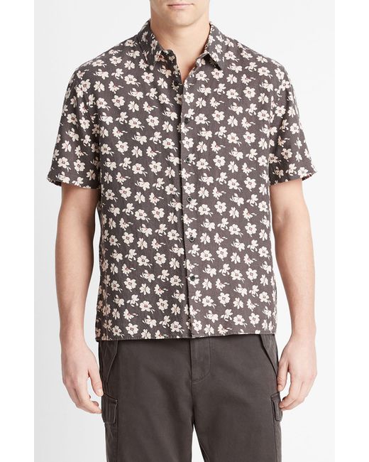 Vince Multicolor Abstract Daisies Short Sleeve Linen Blend Button-up Shirt for men