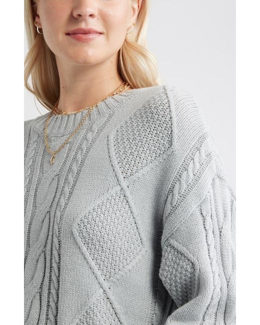 BP. Gray Cabled Oversize Cotton Blend Crewneck Sweater