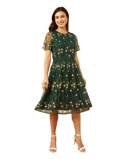 Yumi' Green Embroidered Floral Skater Dress