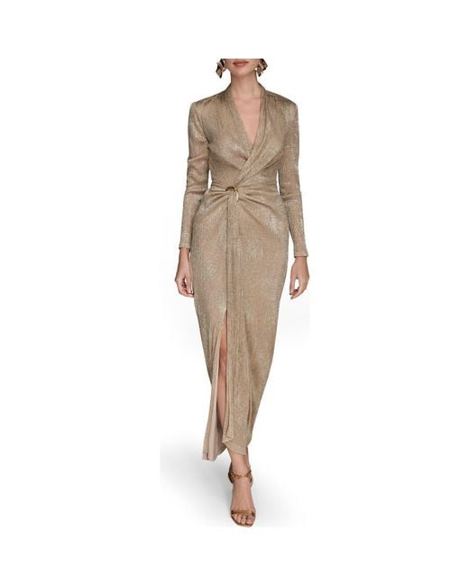 Donna Karan Natural Metallic Side Slit Long Sleeve Gown