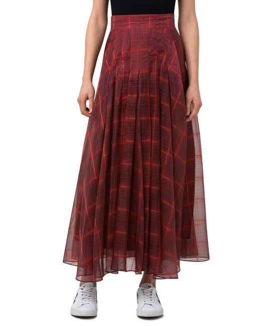 Akris Red Plaid Pleated Silk Organza Skirt