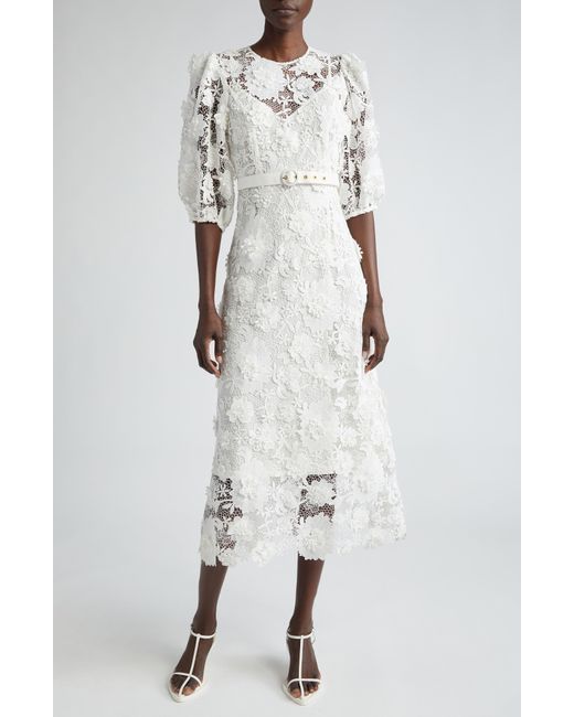 Zimmermann White Halliday Floral Belted Lace Midi Dress