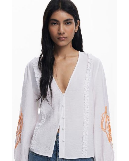 Desigual White Embroidered Hammered Satin Top