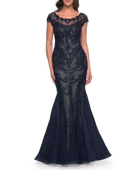 La Femme Women's Blue Mermaid Lace Dress With Cap Sleeves And