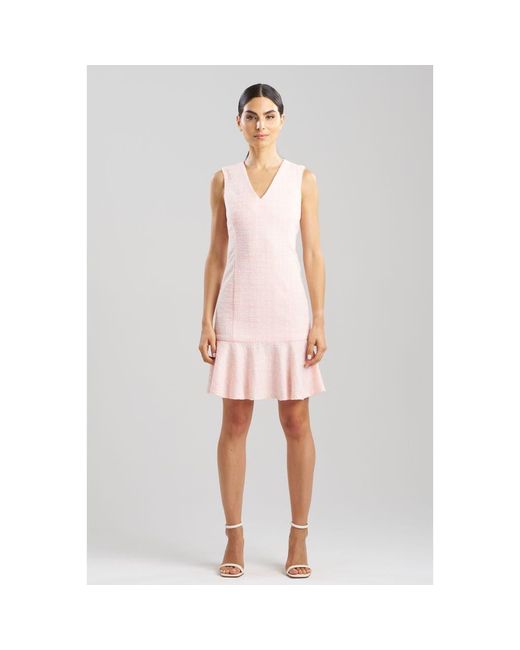 Natori Pink Tweed V Neck Ruffle Hem Dress