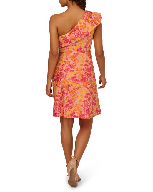 Adrianna Papell Red Floral Jacquard One-shoulder Cocktail Dress