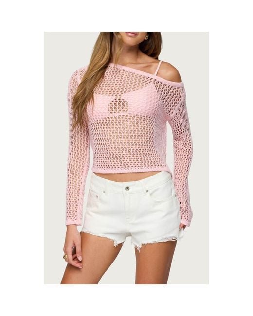 Edikted Pink Inara Off-The-Shoulder Long Sleeve Mesh Top