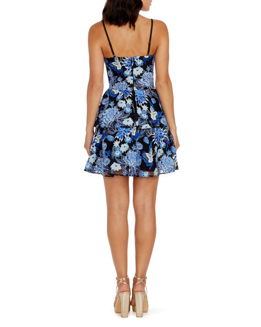 Dress the Population Blue Braelyn Floral Embroidered Tiered Cocktail Minidress