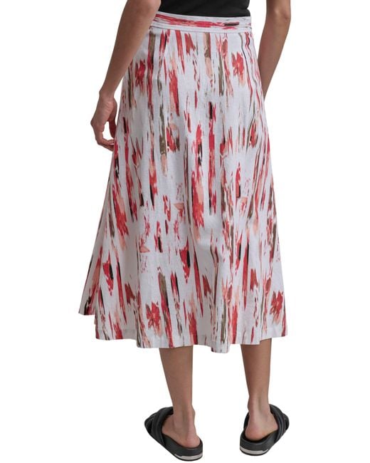 DKNY Red Print Linen Blend Midi Skirt