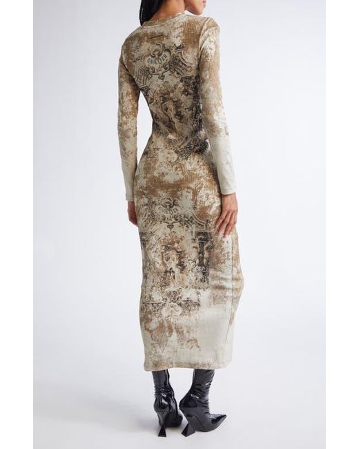 Jean Paul Gaultier Natural Medallion Print Long Sleeve Mesh Body-Con Dress