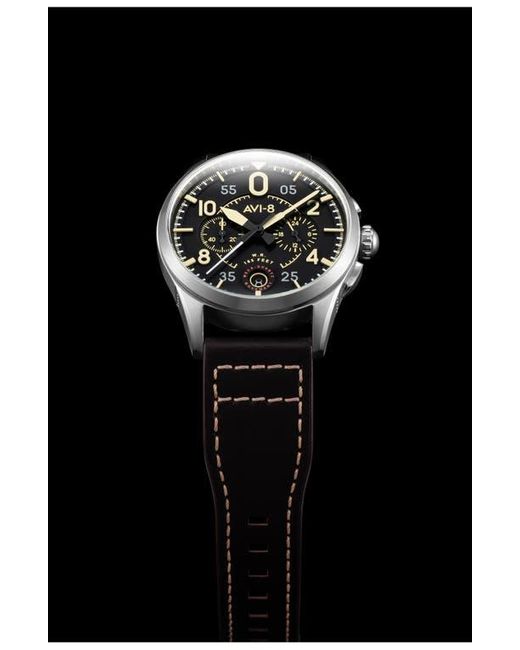 AVI-8 Black Spitfire Lock Midnight Oak Dial Chronograph Leather Strap Watch, 42Mm for men