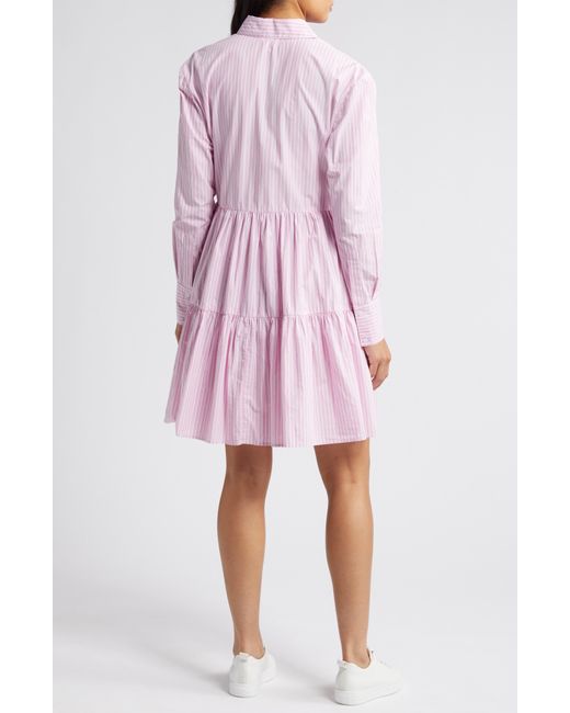 Caslon Pink Caslon(r) Stripe Tiered Long Sleeve Shirtdress