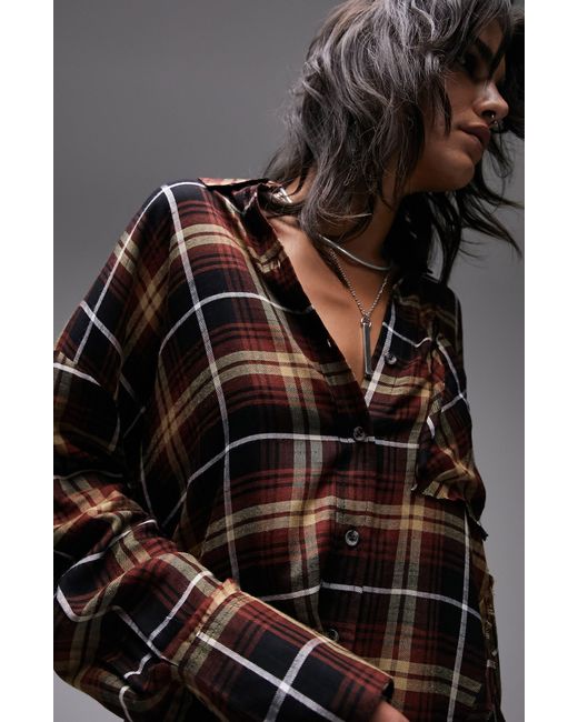 TOPSHOP Oversize Check Button-up Shirt in Black | Lyst