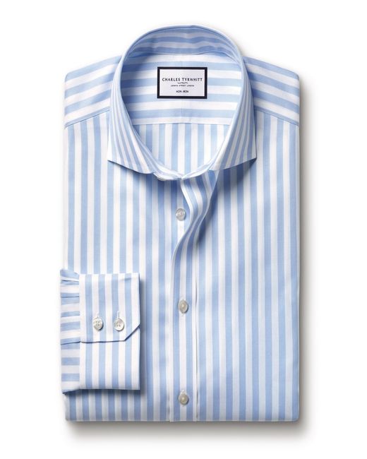 Charles Tyrwhitt Blue Wide Stripe Non-iron Twill Cutaway Slim Fit Shirt Single Cuff for men