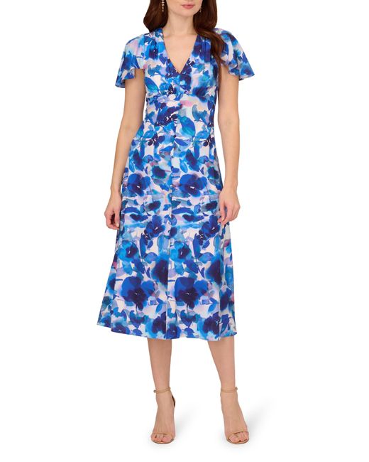 Adrianna Papell Floral Chiffon Midi Dress in Blue | Lyst