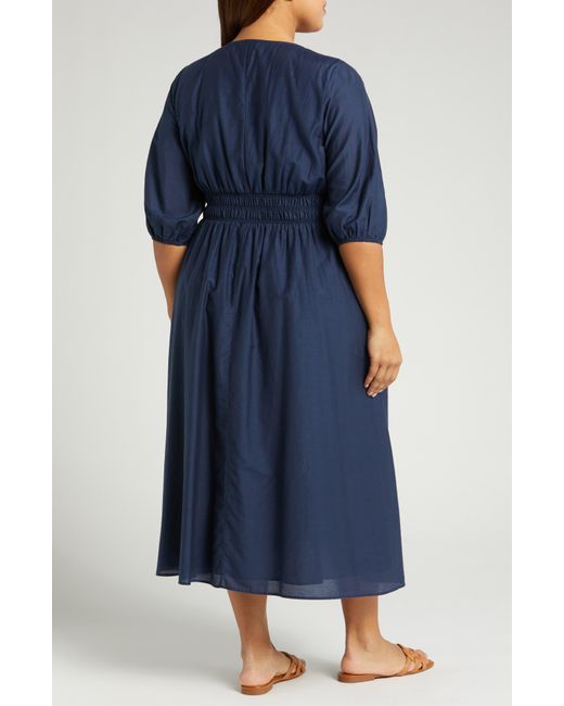 Nordstrom Blue Smocked Waist Cotton & Silk Midi Dress