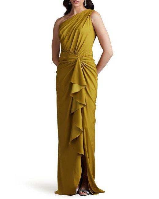 Tadashi Shoji Metallic One-Shoulder Side Ruffle Gown