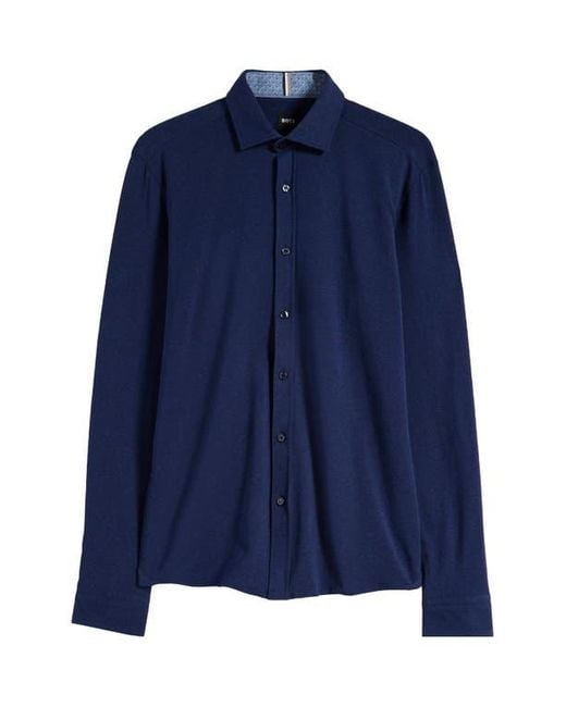 Boss Blue Roan Solid Stretch Cotton Button-Up Shirt for men