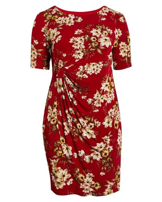 Connected Apparel Floral Side Ruched Faux Wrap Dress in Red | Lyst