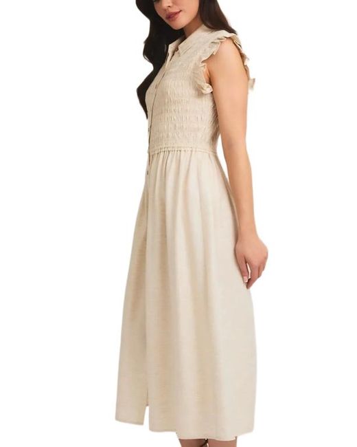 Knit & Lounge Natural Button-Front Midi Dress With Smocked Bodice And Ruffle Sleeves