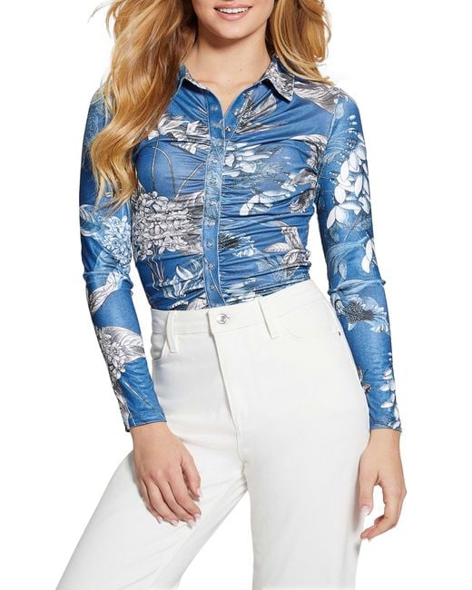 Guess Blue Milana Ruched Tiger Stripe Snap-up Blouse
