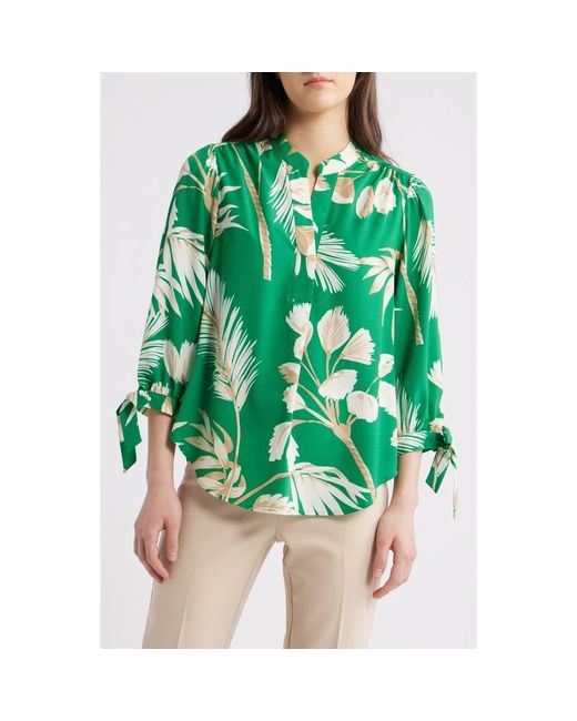 Anne Klein Green Palm Print Tie Cuff Crepe Top