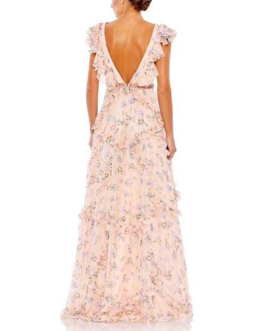 Mac Duggal Pink Floral Print Cap Sleeve Ruffle Gown