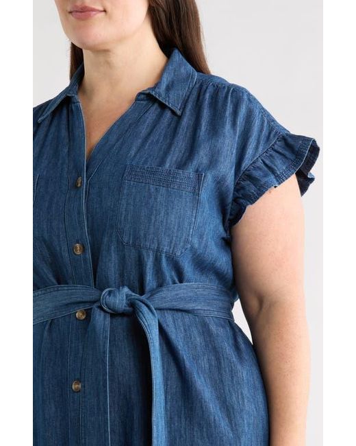 caslon denim dress caslon Flutter Sleeve Tie Waist Denim Midi Dress in Dark Wash at Nordstrom, Size 1X