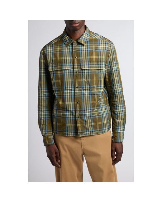 Moncler Men's Green Plaid Nylon Snap-Up Shirt Moncler Men's Green Plaid Nylon Snap-Up Shirt