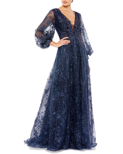 Mac Duggal Blue Sequin Lace & Embroidery A-line Gown
