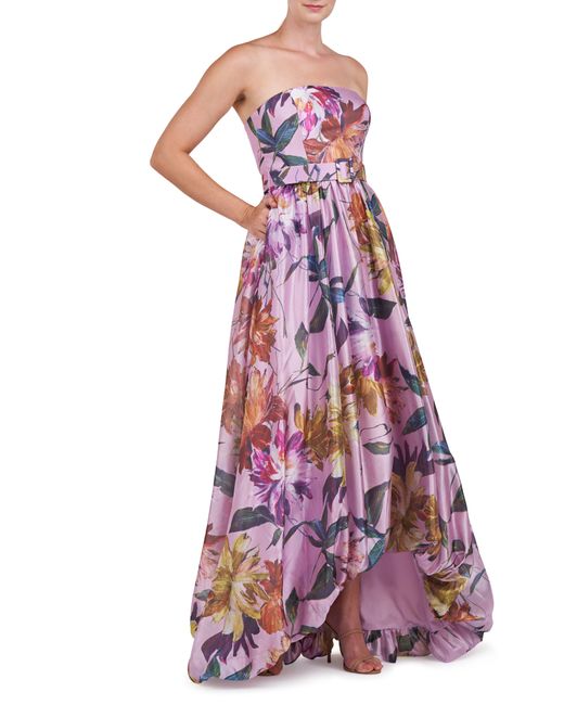 Kay Unger Purple Evangeline Floral Strapless High-low Gown