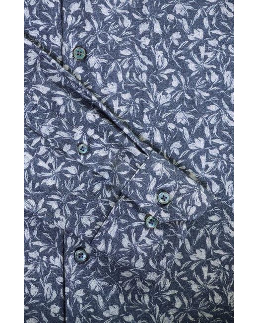 Bugatchi Blue Julian Shaped Fit Floral Print Cotton Button-Up Shirt for men