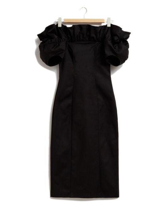 & Other Stories Black & Ruffle Off The Shoulder Midi Dress