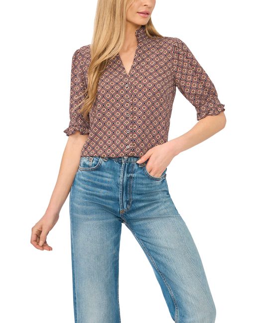 Cece Blue Ruffle Neck Button Front Shirt