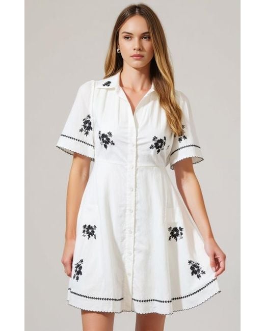 Modenaire White Scalloped Trim Short-Sleeve Button-Front Embroidered Shirt Dress