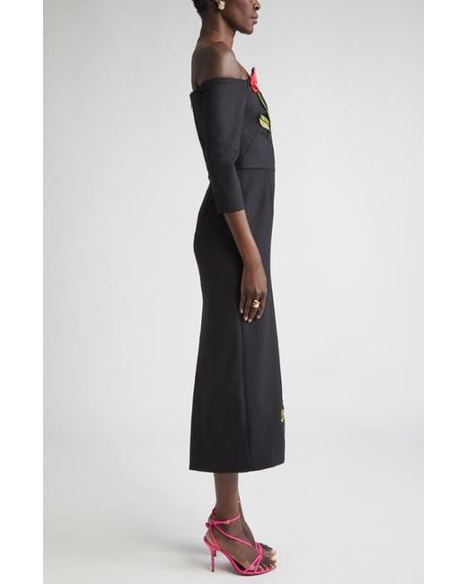 Oscar de la Renta Black Mosaic Rose Embroidered Off The Shoulder Midi Dress