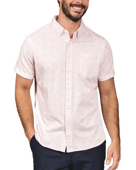 7 Diamonds White Arden Damask Print Short Sleeve Stretch Button-Up Shirt for men
