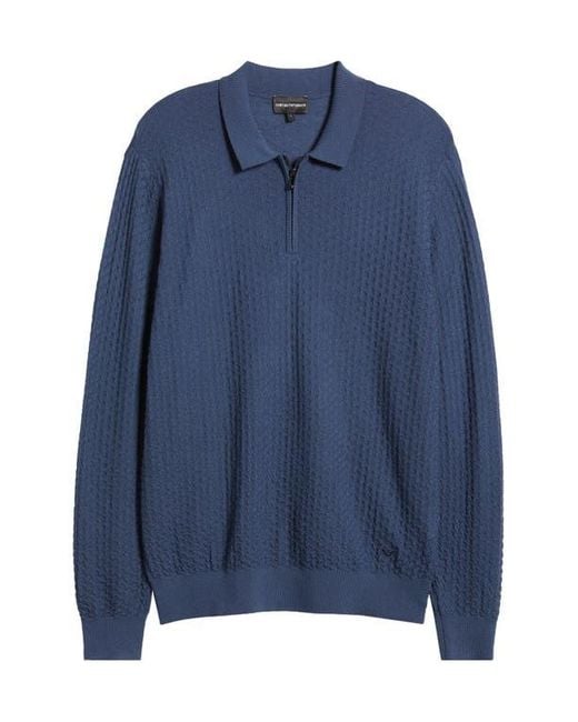 Emporio Armani Blue Textured Wool Quarter Zip Sweater for men