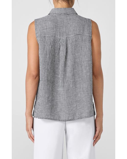 Eileen Fisher Blue Classic Gingham Sleeveless Organic Linen Button-up Shirt