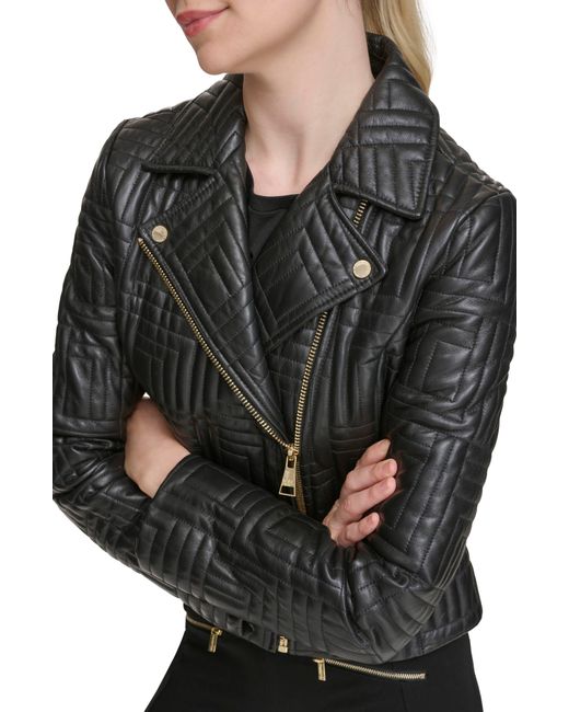 Karl Lagerfeld Black Double Quilted Leather Moto Jacket