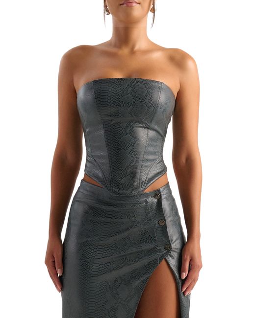 Naked Wardrobe Black Snakeskin Embossed Lace-up Strapless Faux Leather Corset Top