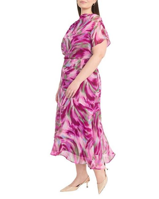 Maggy London Pink Abstract Print Asymmetric Chiffon Midi Dress