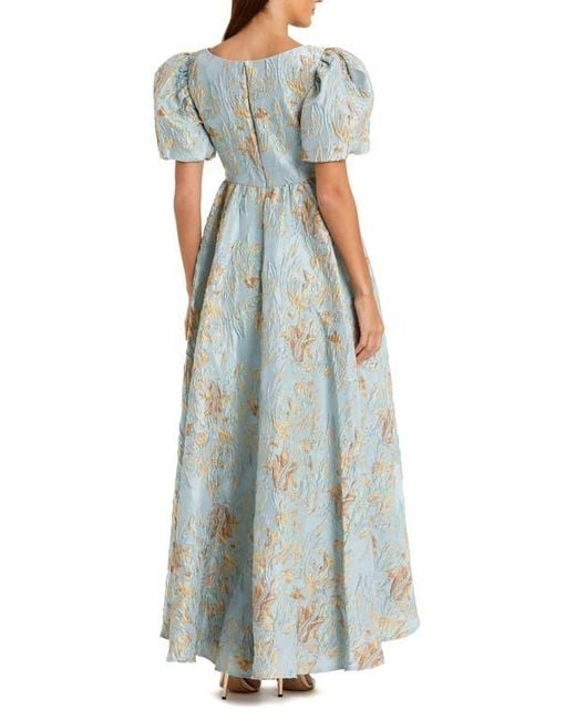 Mac Duggal Blue Brocade High-Low Gown With Puff Sleeves