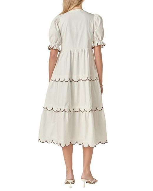 English Factory Natural Contrast Scalloped Trim Cotton Midi Dress