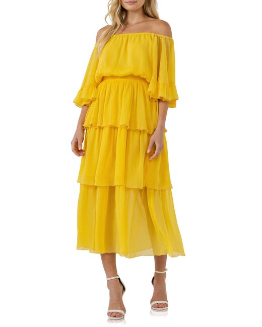 Endless Rose Yellow Off The Shoulder Tiered Chiffon Dress